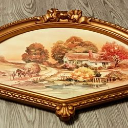 Fan Shaped Framed Watercolor Print by HOMCO  Vintage 1984 'Autumn Harvest' Signed by the Artist