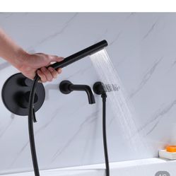 Stev Modern Single Handle Wall-Mount Swivel Tub Filler Faucet With Handshower Brass And Black Sh39