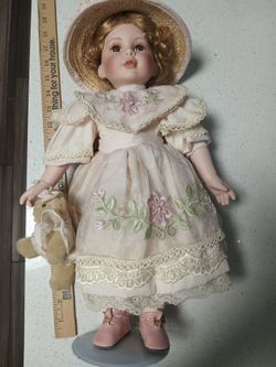 doll with bear, stand vintage