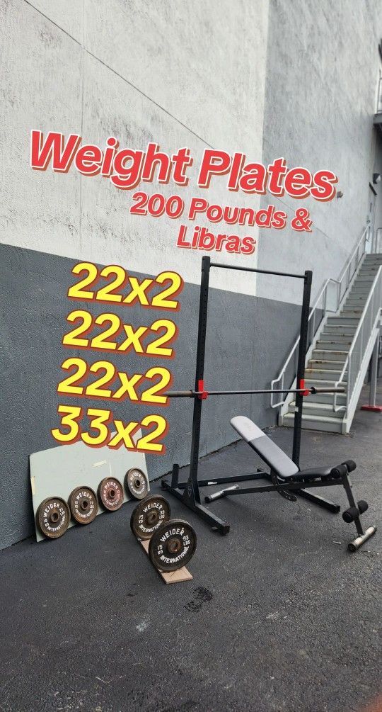 $250. Weight Plates 23²+23²+23²+33³ :198 POUNDS + BAR+ BENCH + Rack / PULL Ups + J Hooks.DeliveryFee