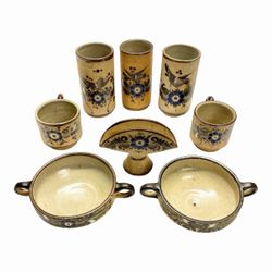 Vintage Tonala Mexican Folk Art Pottery Set Signed Netzi Handmade Kitchenware