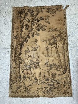 Vintage French-Style Woven Wall Tapestry Panel Depicting a Traditional Pastoral Hunting Scene