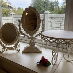 SHABBY Chic~Fancy Ornate Metal Mirrors that Swivel Back & Forth, 2 Wood Frames, 2 Ornate Metal Candles w/candles, 