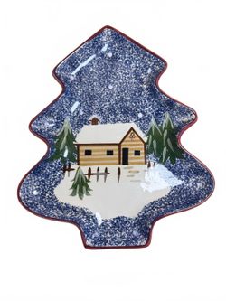 Christmas Tree Shaped Winter Cabin Ceramic Tray