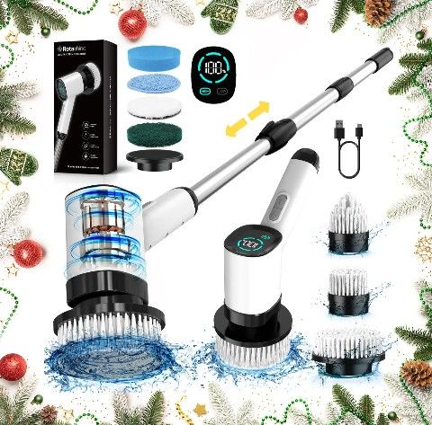 Upgrade Electric Spin Scrubber: LCD Display, 100Mins Long-Lasting Battery, 2-Speed Shower Scrubber with Adjustable Extension Handle, IPX7 Waterproof,