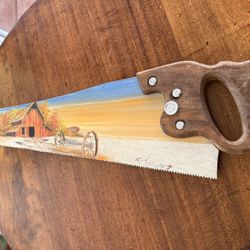 Vintage Disston painted hand saw - country farm tree scene