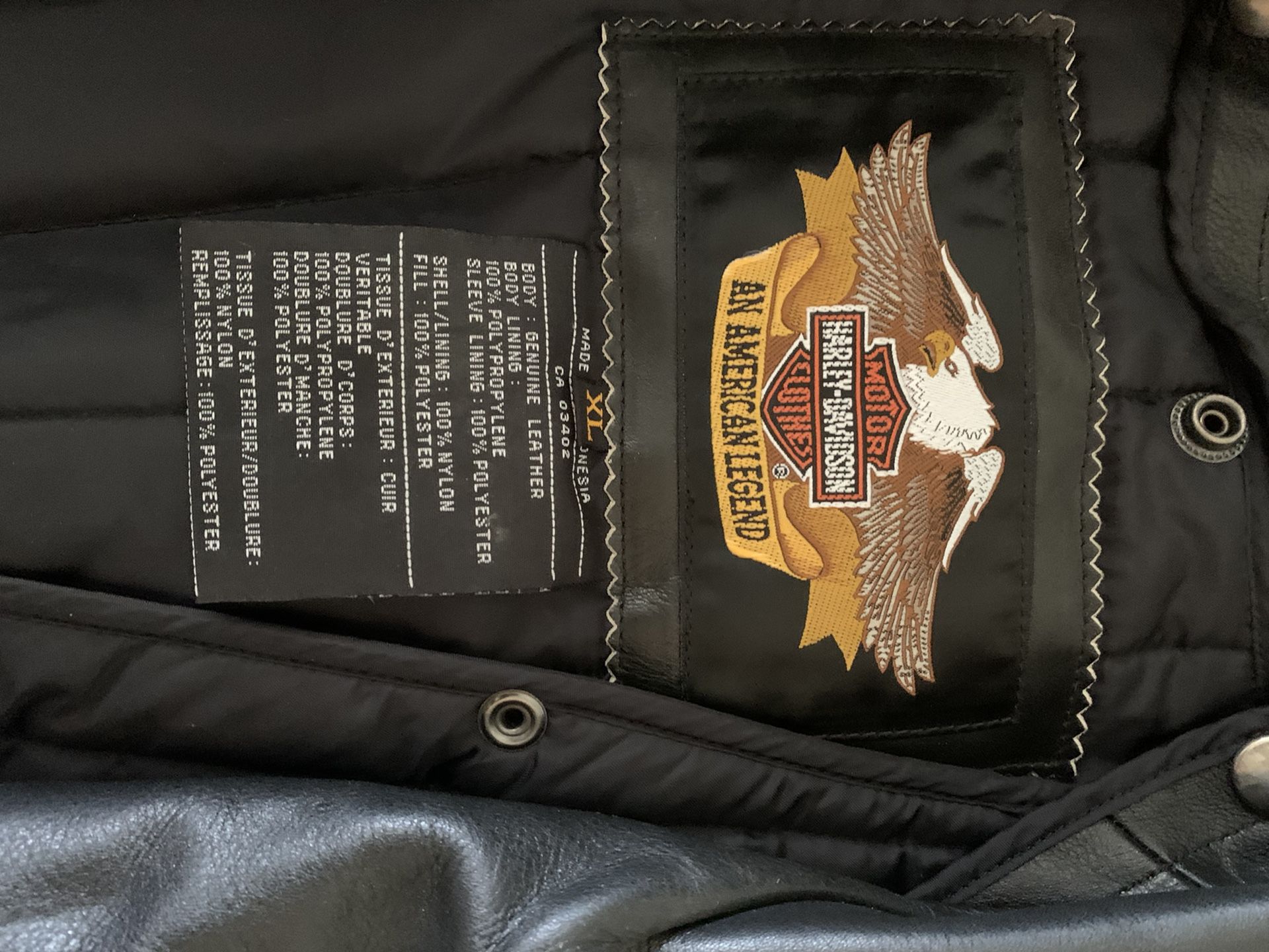 Genuine Harley Davison Leather jacket, when they were still made in the USA. Snap out liner.