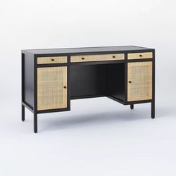 Black Cane/Rattan Desk w Drawers – Mid Century Modern