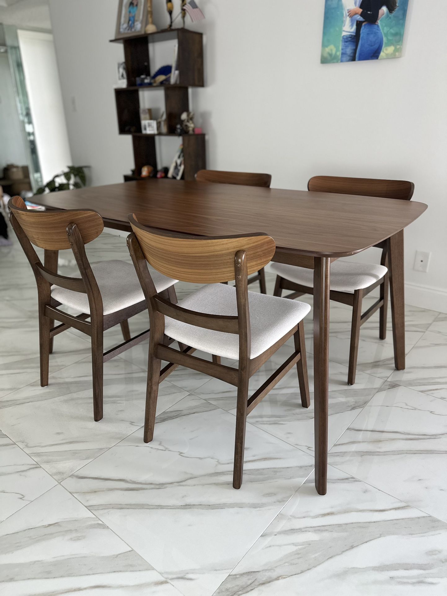 Modern 5 Piece Dining Table Set Walnut Beige