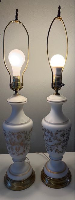 Vintage Pair of Hollywood Regency White Satin Glass Table Lamps - Mid-Century Gold Gilt 28"