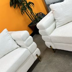 3 Piece Sofa Set Sofa Loveseat Chair White Boucle Fabric Gold Legs Brand New In Box Firm Price $1,299