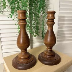Vintage Pair Of Turned Wood Brass Inserts Candle Sticks Holders Home Decor Accent
