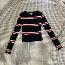 Navy Blue Ribbed Long Sleeve Top with Red & White Stripes