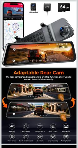 BRAND NEW LD4K Max Mirror Dash Cam with 4K Front and 2.5K Rear Camera, STARVIS 2 Sensor, with ADAS BSD LCA Smart Mode, GPS, G-Sensor, Loop Recording,