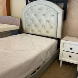 Silver Or Pink Twin Bed Frame & Nightstand 