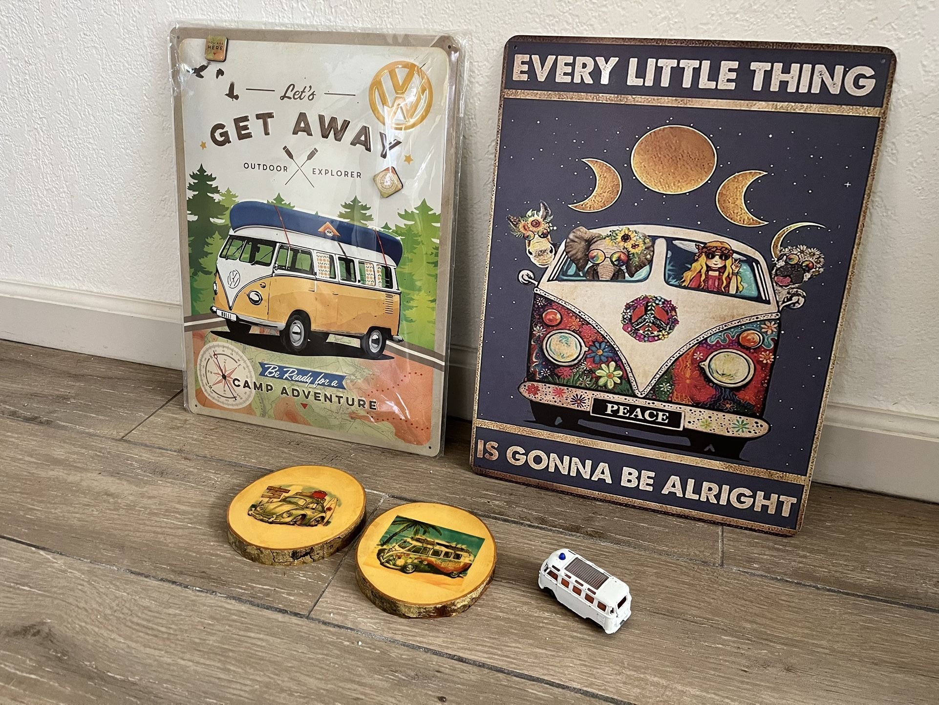 VW Collection, Metal Plaques, Knotty Pine coasters And 1965 Collectible Bus