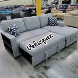 ✅️✅️2 pc Grey boucle fabric sectional sofa with pop up sleep area and storage chaise drop down tray table wireless charging✅️✅️✅️