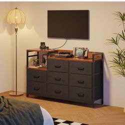 Dresser with Charging Station, 52-Inch Long Dresser for Bedroom with 8 Storage Drawers, Fabric Dressers