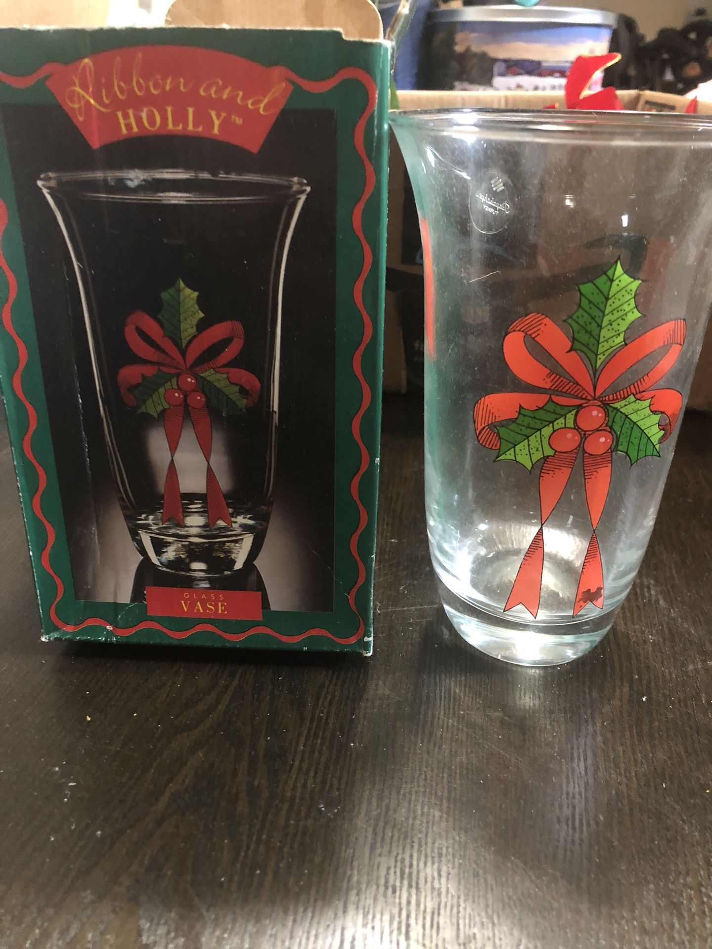 Vintage Christmas Ribbon And Holly Glass Vase