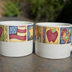 2 Cute Country Folk Art Small Soup Mugs