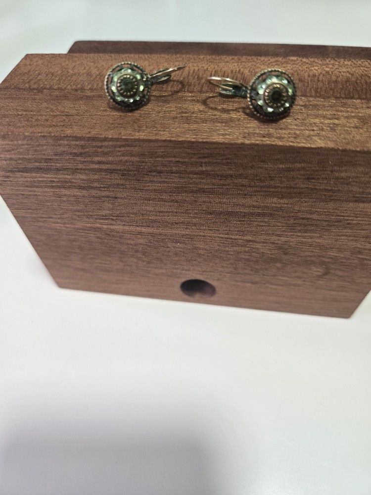 Vintage Brass And Green Swarovski Crystal Earrings