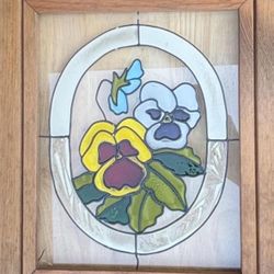 Wood Framed Stained Glass Piece Featuring  Blue & Yellow Pansies