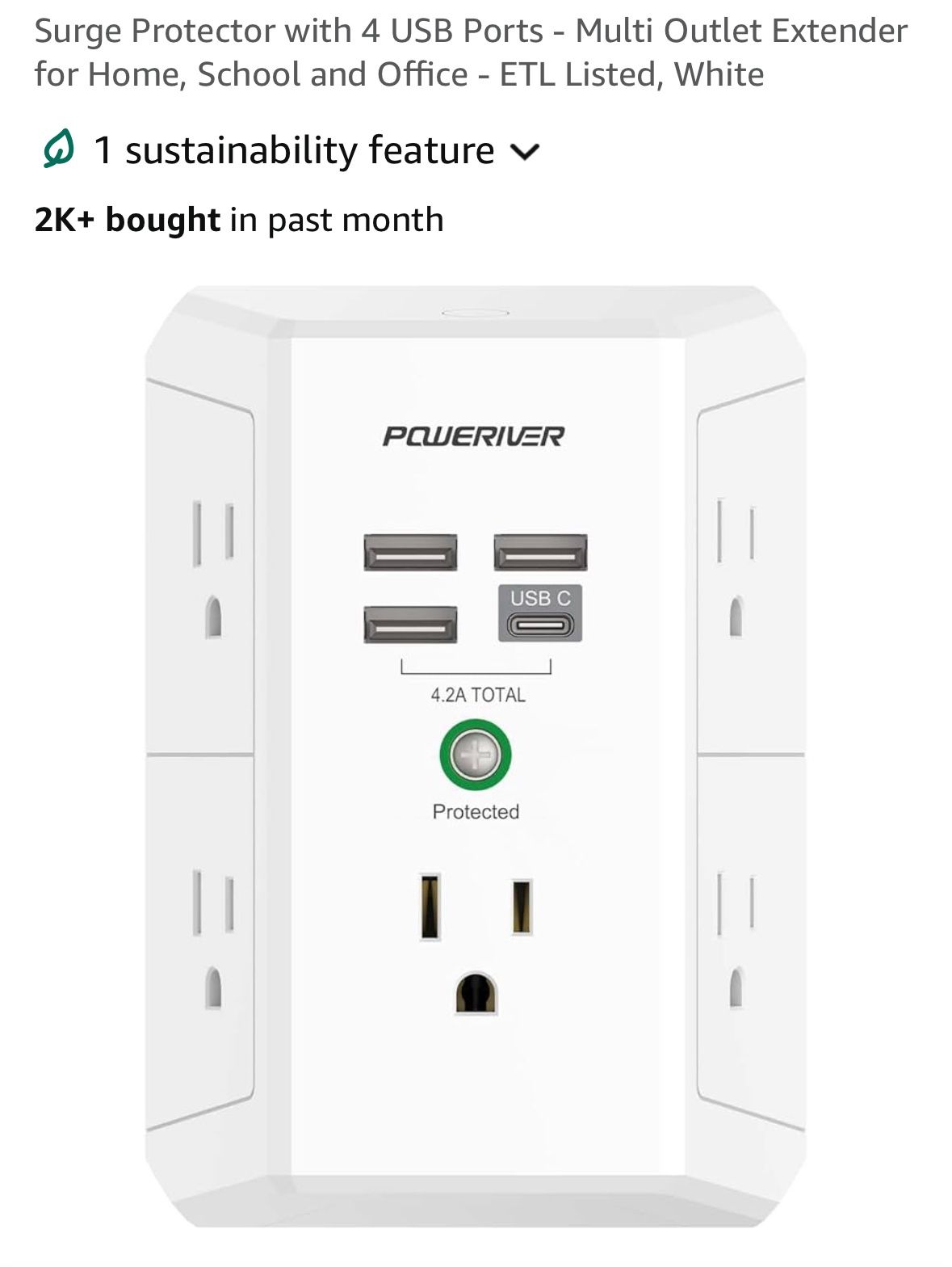 Poweriver Surge Protector W/4 USB Ports Multioutlet