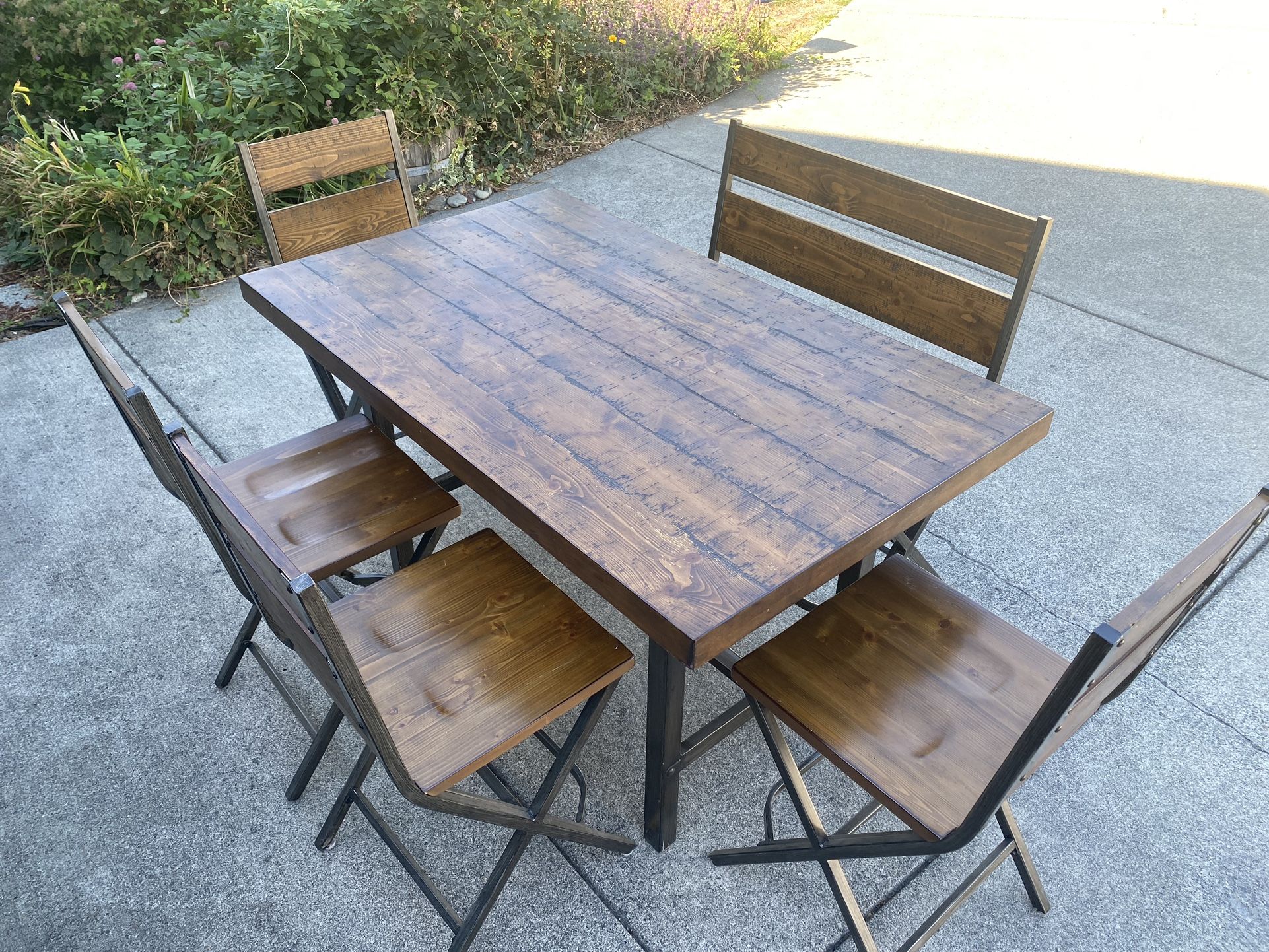 Solid Country Style Wood Table w/ Metal Frame 4 Chairs And Bench