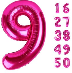 Rose Red 32” Number 0 - 9 Foil Balloons - Helium Filled with Happy Birthday or Love Strings