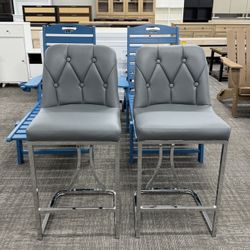 Set of 2, Counter Height Bar Stools, 24'' Upholstered Padded Barstools with Back Glam Kitchen Island Chairs with Sliver Metal Iron Frame (