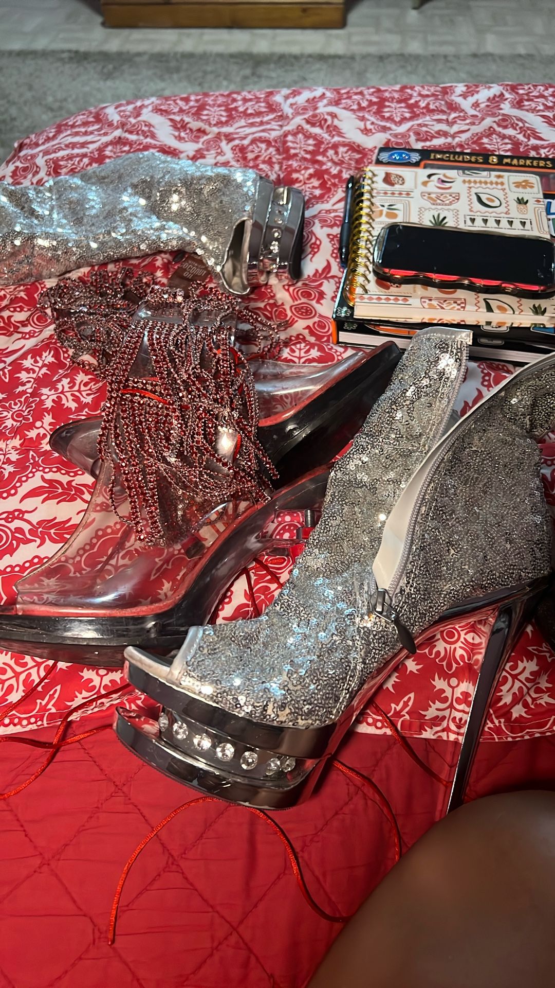 Bundle Deal: Karo’s Shoes & Pleaser Heels – Silver Sequin + Red Rhinestone 7–8” Platforms ✨