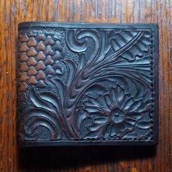 Custom Handmade Tooled Leather Western Floral Bifold Wallet. Comes With Your Initials.