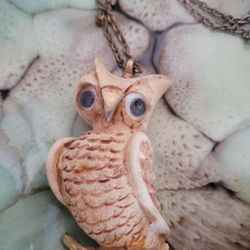 L. Razza Signed Vintage Gold Tone Googly Eye Owl Pendant Statement Piece 1970's