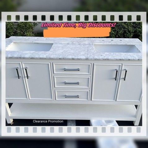 60inch double sink bathroom vanity with carrara white marble stone top