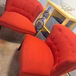 2 Matching Orange Accent Chairs Upholstered/Studded