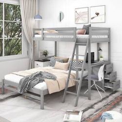 NEW Gray Twin over Full Bunk Bed with Built-in Desk and 3-Drawers