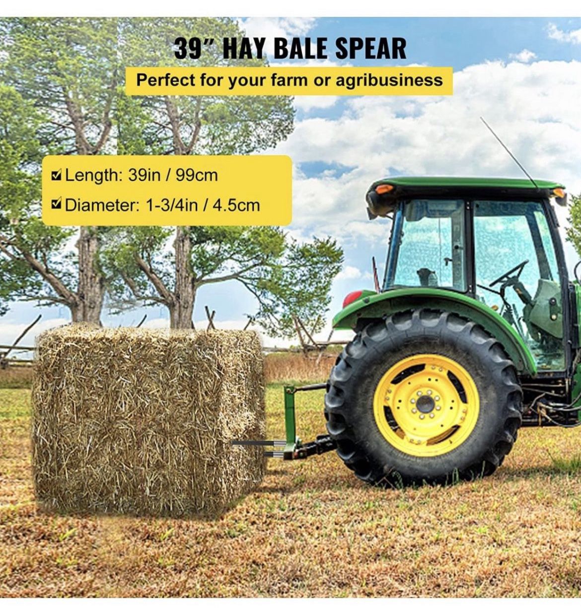 Hay Spear 39" Bale Spear 3600 lbs Capacity, Bale Spike Quick Attach Square Hay Bale Spears 1 3/4", Black Coated Bale Forks, Bale Hay Spike with Hex Nu