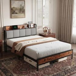Full Size Bed Frame with Charging Station USB/Type-C & Storage Headboard