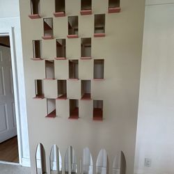 Modern Wood Art Piece. 90inch X 45inch HUGE! Plant Wall, Furniture, Art, Birdhouse, condo,  19 Pink Shelves
