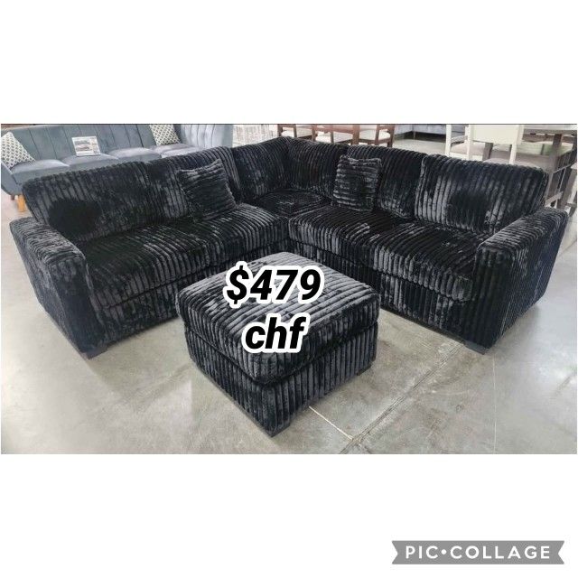 Black Jumbo Corduroy Sectional Sofa With Ottoman  // Black Friday Sale 