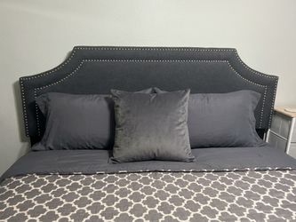 KING Upholstered Camelback Headboard with Nailhead Trim - Grey