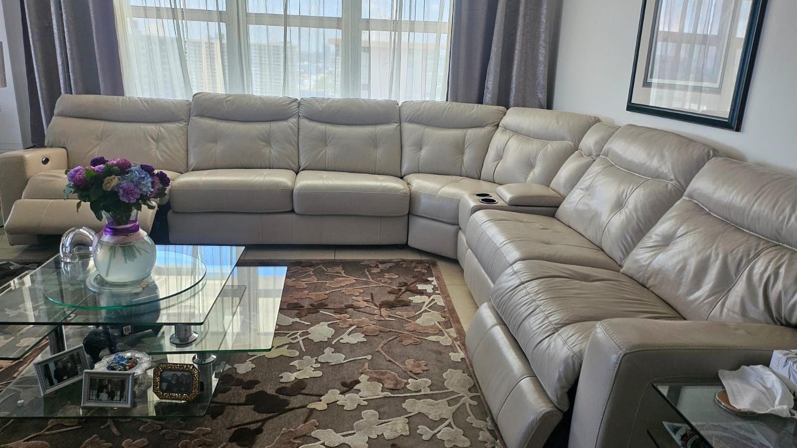 Lather Couch Sectional 3 Reclainers , One Convertible French Bed