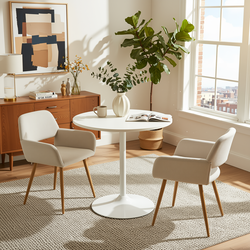 Homy Casa CLIFT+MAYFAIR 3PC Dining Set 31.5” Round White Table with 2 MAYFAIR Beige Upholstered Chairs Open Box