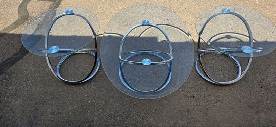 Set of 3 Round Glass Top Chrome Ring Tables