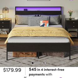 Deviana Metal Bed Frame with Headboard & Footboard and Charging Station, LED Light Included