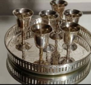 Beautiful Vintage Set of 6 Indian silver plated cordial glasses with etched serving tray. Made For The Hudson Bay Company
