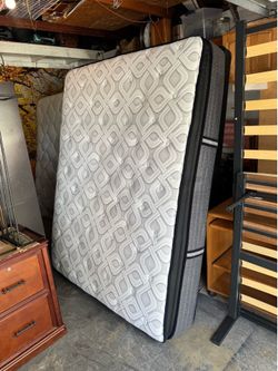 Newer 12” Sealy Queen pillow top mattress $150, thin 5” box spring $60, metal bed  frame $35