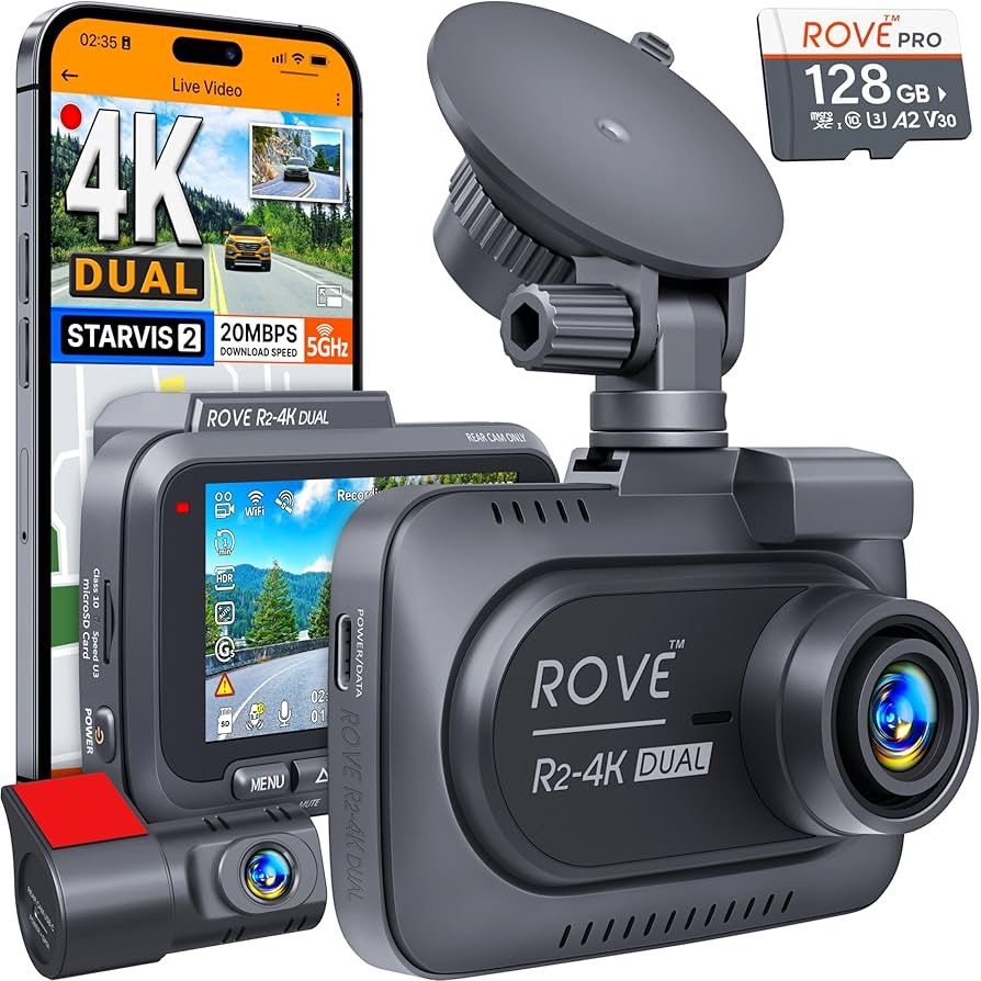 ROVE R2-4K DUAL Dash Cam Front and Rear, STARVIS 2 Sensor, FREE 128GB Card Included, 5G WiFi - up to 20MB/s Fastest Download Speed with App, 4K 2160P/