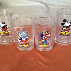 Set of 4 Disney Mickey Mouse Glasses and Steins (mugs) With Handles