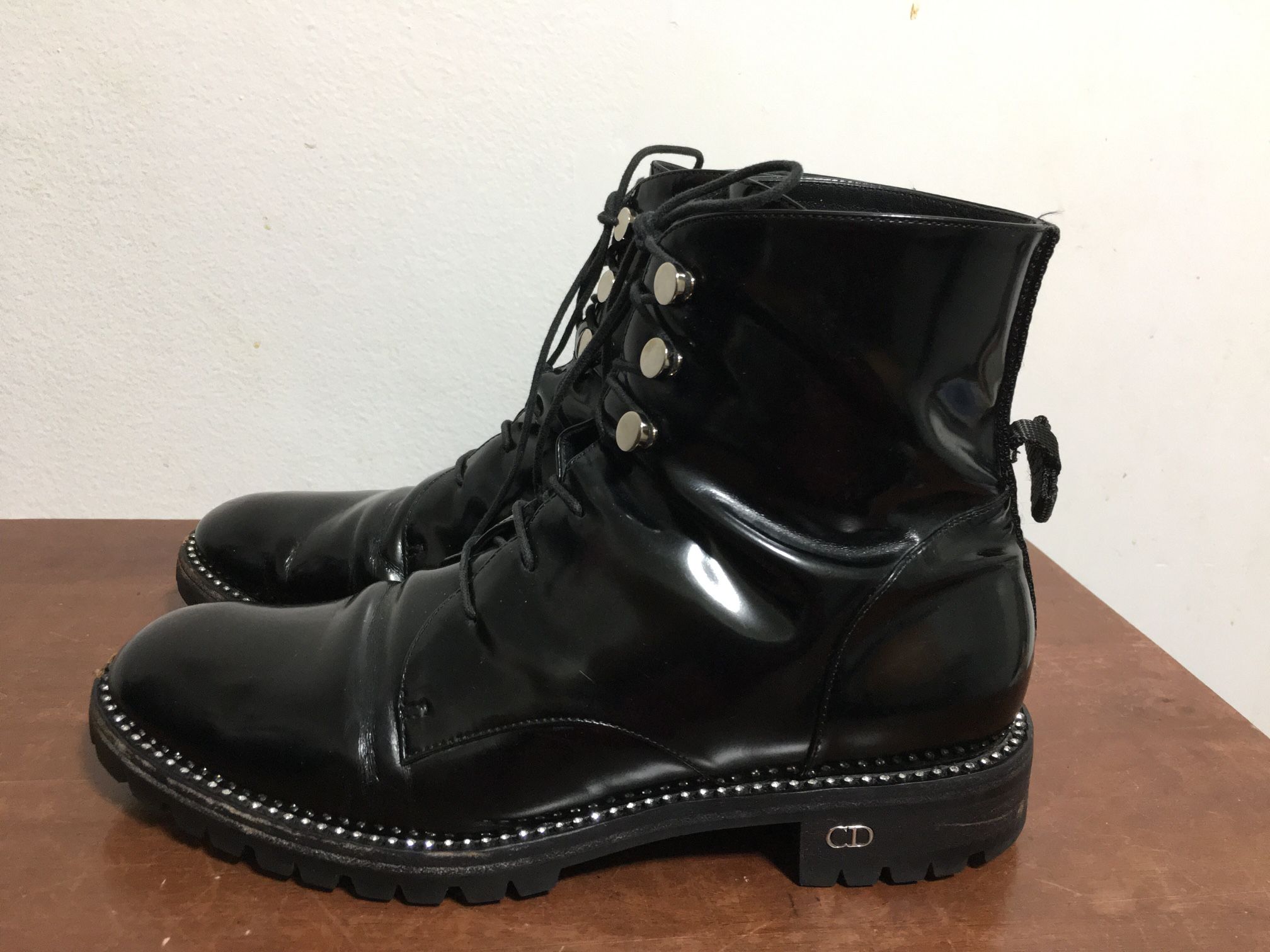 Christian Dior Leather Boots. With Rhinestones And Leather Laces And Lug Soles